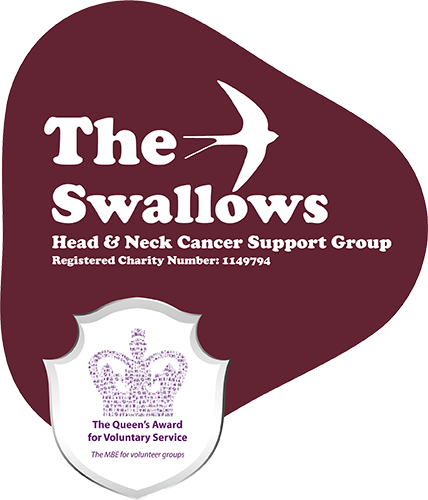 Logo of The Swallows Head & Neck Cancer Support Group with a shield emblem on a maroon background.